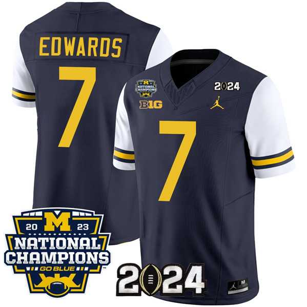 Mens Michigan Wolverines #7 Donovan Edwards Navy White 2024 F.U.S.E. With 2023 National Champions Patch Stitched Jersey